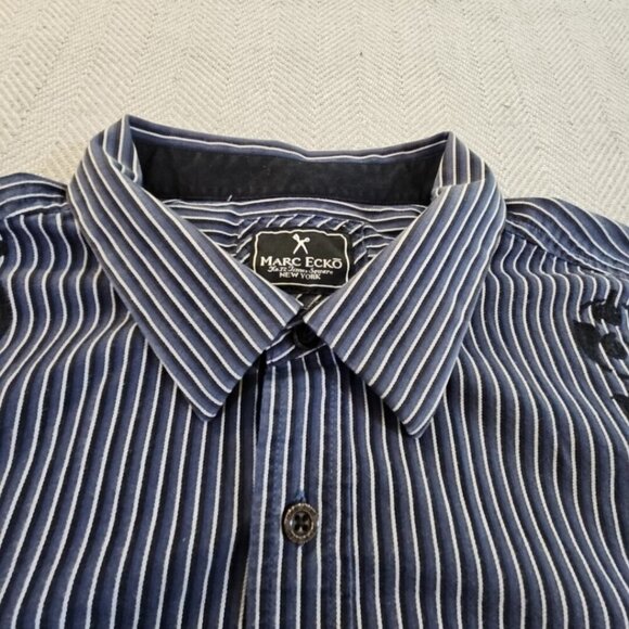 Marc Ecko Cut & Sew Button Shirt Long Sleeve Embroidery Design Blue Stripe XL - Picture 5 of 16
